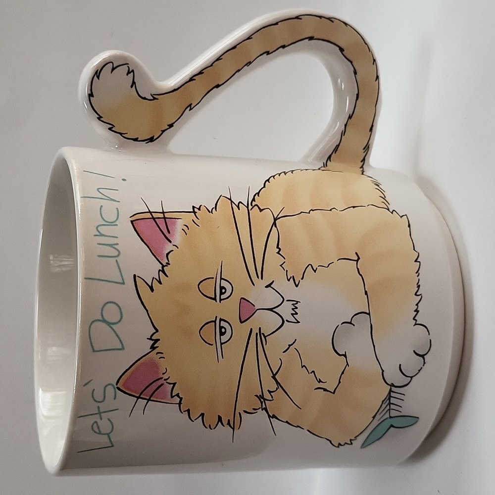 Let's Do Lunch Coffee Mug With Cat Smiling Holding A Fishbone